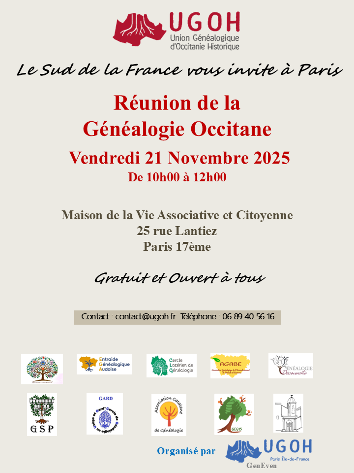 Affiche de la réunion de la Généalogie Occtane le 21/11/2025 à PARIS